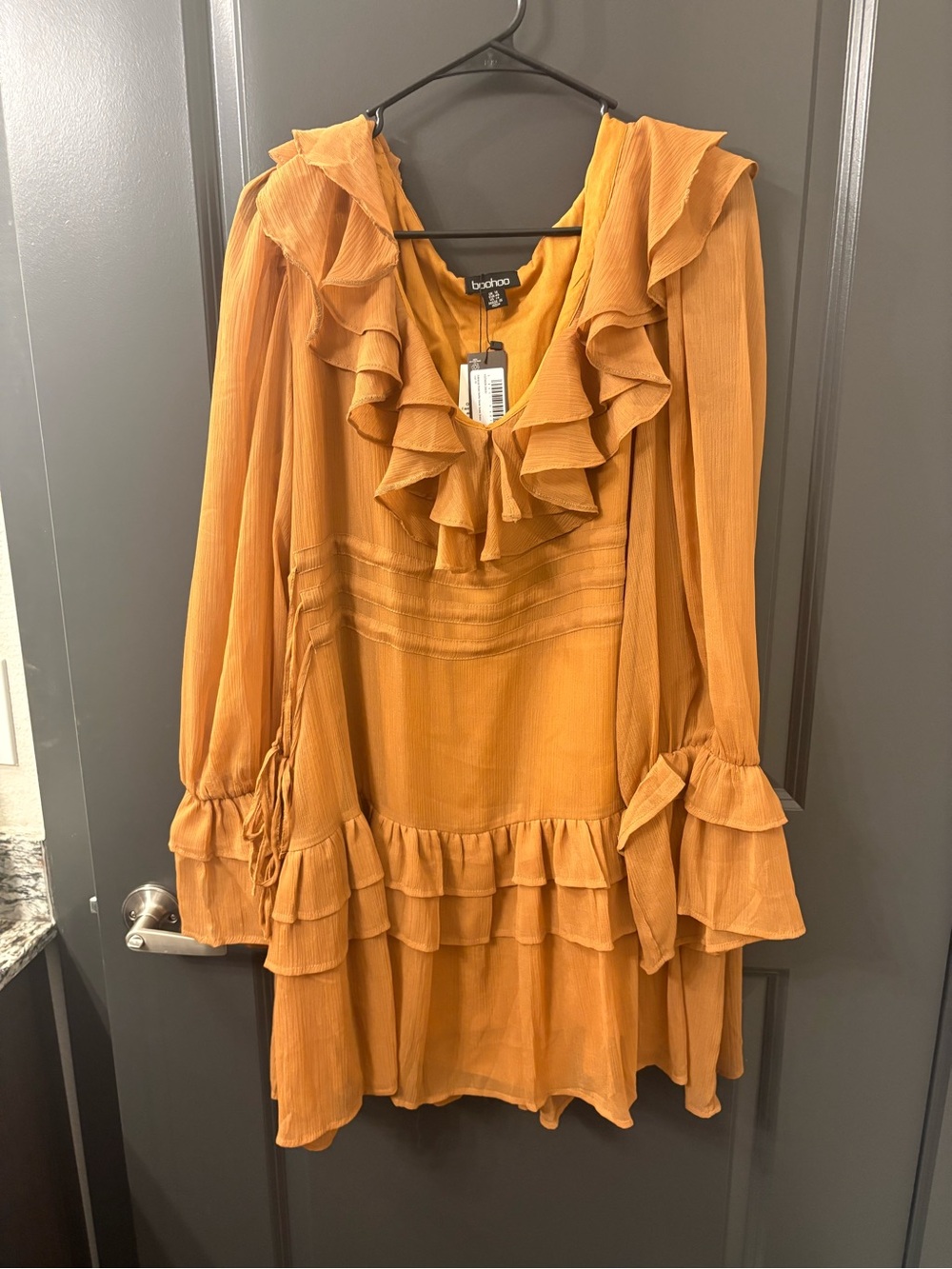 Boohoo Mustard Ruffle V-Neck Layered Dress